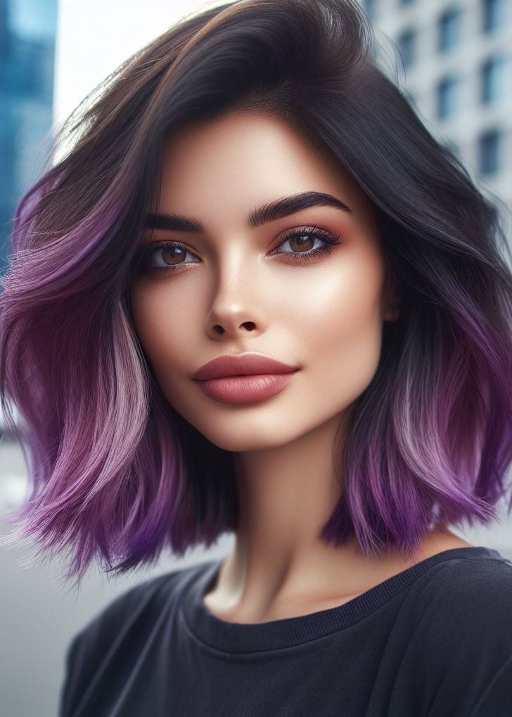 Violet vibes for the win! Deep violet highlights peek through face-framing layers, creating a stunning and eye-catching style for medium hair. #pocoko #hairstyle #violetbalayage