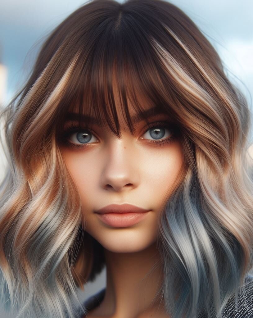 Dive into a world of contrast with Curtain Bangs adorning medium-length dark brown wavy hair, featuring dual-tone blonde and baby blue highlights. This striking hairstyle combines sophistication with playful charm, perfect for those who love to make a statement. Embrace the boldness of individuality with #CurtainBangs #DualToneHighlights #WavyHair #POCOKO