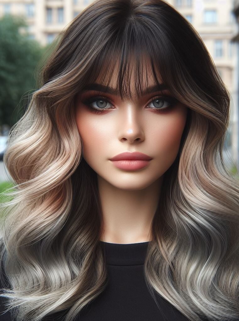Dive into a world of sophistication with Curtain Bangs gracing medium-length dark brown wavy locks, adorned with a dual-tone caramel blonde and ash blonde ombre balayage. This captivating hairstyle combines warmth and dimension, creating a stunning contrast that's both chic and versatile. Embrace your unique style with #CurtainBangs #OmbreBalayage #WavyHair #POCOKO