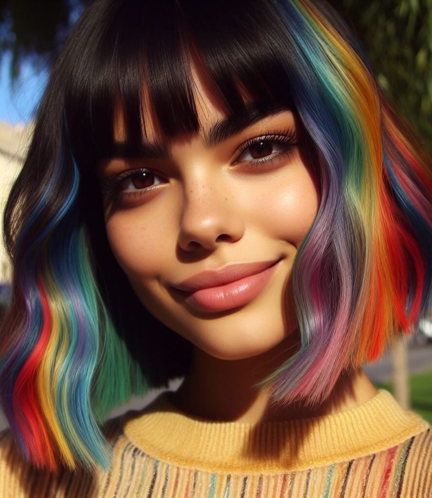 Dive into a world of vibrant color with Curtain Bangs adorning medium-length wavy locks, adorned with rainbow highlights. This playful and eye-catching hairstyle radiates joy and creativity, perfect for those who love to make a bold statement. Embrace the spectrum of possibilities with #CurtainBangs #RainbowHair #WavyHair #POCOKO