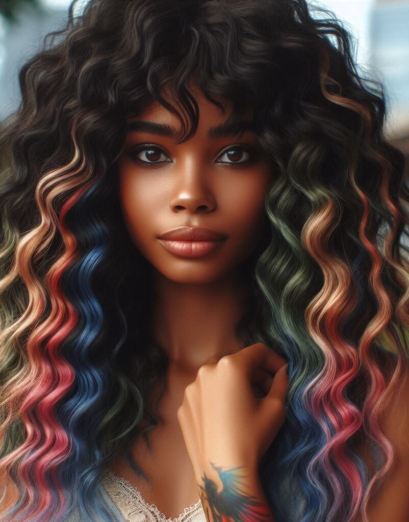 Dive into a world of vibrant contrast with Curtain Bangs framing long, black curly locks adorned with rainbow highlights. This striking hairstyle exudes boldness and individuality, perfect for those who love to embrace their unique style. Embrace the spectrum of colors with #CurtainBangs #RainbowHighlights #CurlyHair #POCOKO