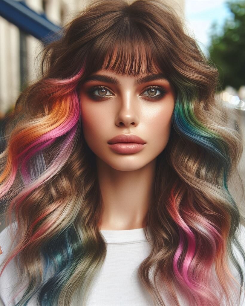 Dive into a world of vibrant hues with Curtain Bangs gracing long, brown wavy locks, adorned with rainbow highlights. This mesmerizing hairstyle combines warmth and color, creating a stunning contrast that's sure to turn heads. Embrace the spectrum of possibilities with #CurtainBangs #RainbowHighlights #WavyHair #POCOKO