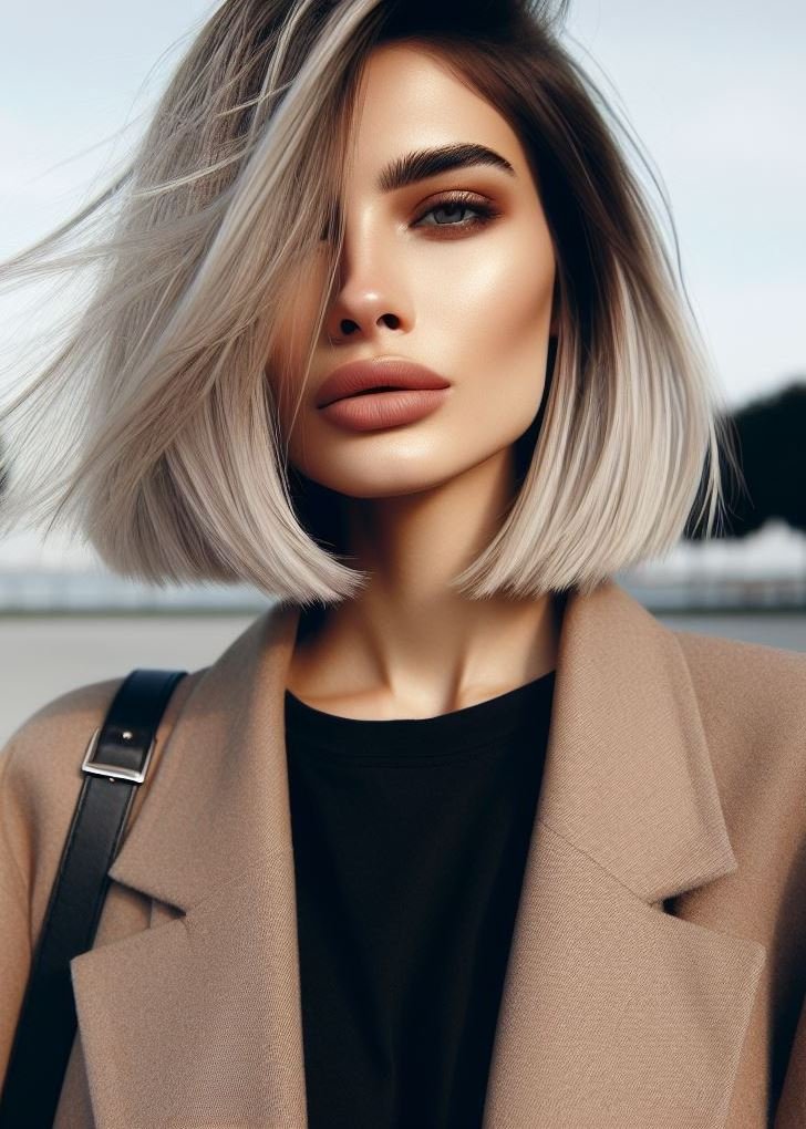 Edgy & icy! Elevate your medium hair with a razor-sharp angled bob in a stunning icy blonde color. #pocoko #angledhaircut #blondebob