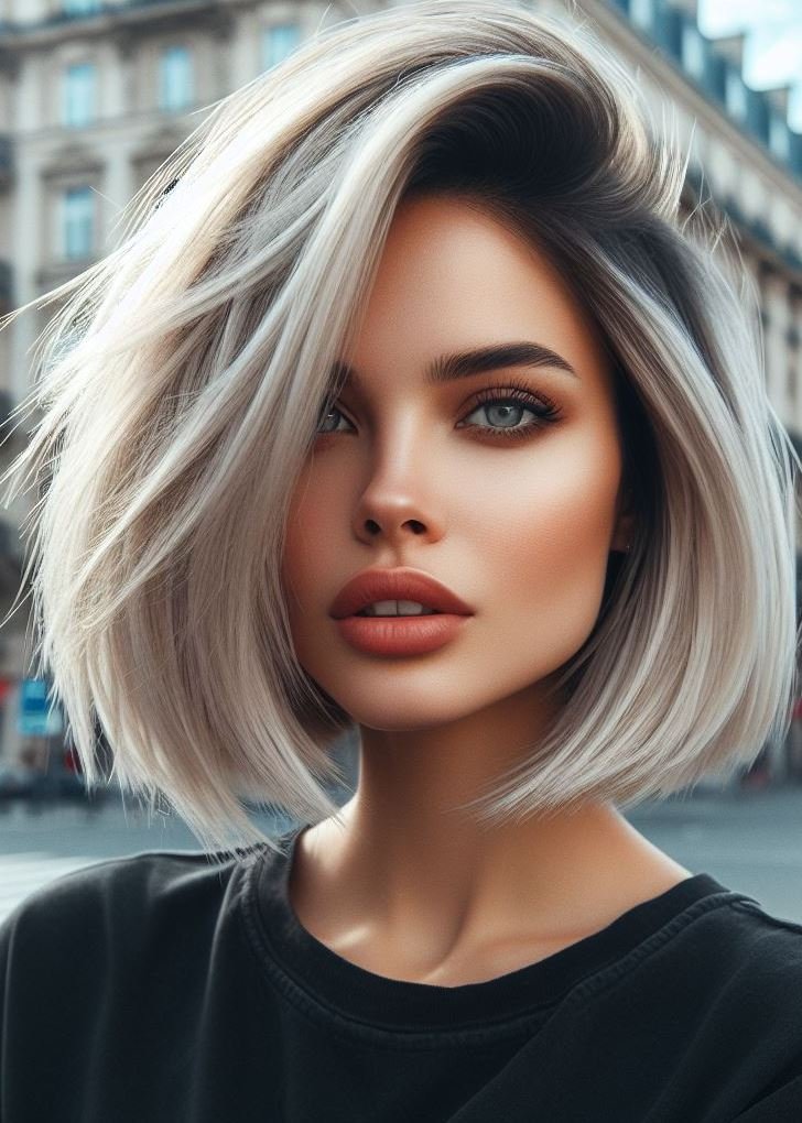 Blonde ambition! Embrace confidence with a razor-sharp angled bob and an icy blonde hue for a show-stopping medium hairstyle. #pocoko #icblonde #angledhair