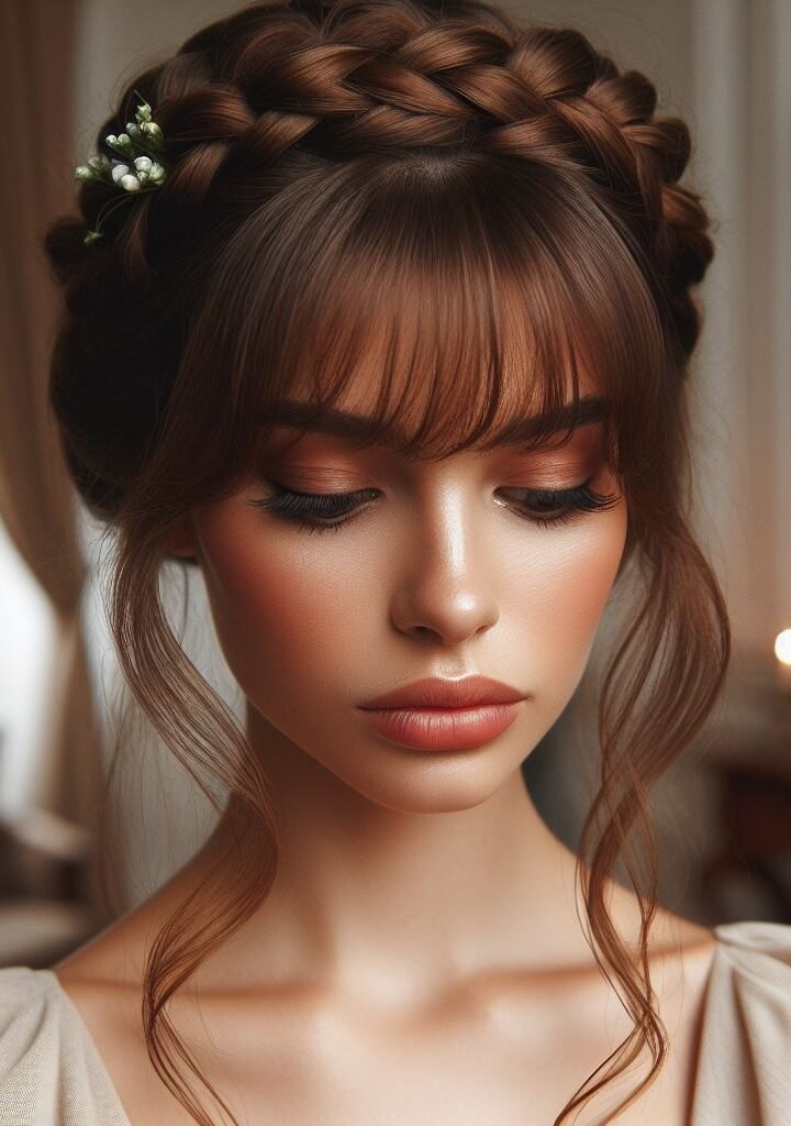 Experience elegance with Curtain Bangs styled in a stunning French Braid Crown. This romantic and sophisticated look radiates grace and charm, suitable for any occasion. Embrace classic beauty with #CurtainBangs #FrenchBraidCrown #HairstyleInspiration #POCOKO