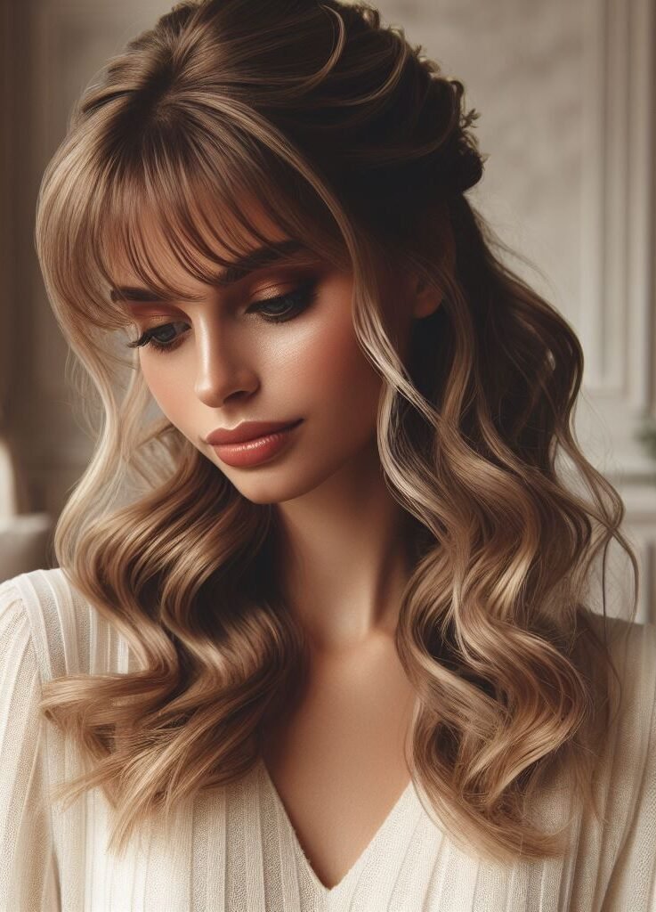 Elevate your look with Curtain Bangs styled in a chic Half-Up Half-Down Hairstyle. This versatile and trendy look adds a touch of sophistication to any outfit, perfect for both casual and formal occasions. Embrace modern elegance with #CurtainBangs #HalfUpHalfDown #HairstyleInspiration #POCOKO