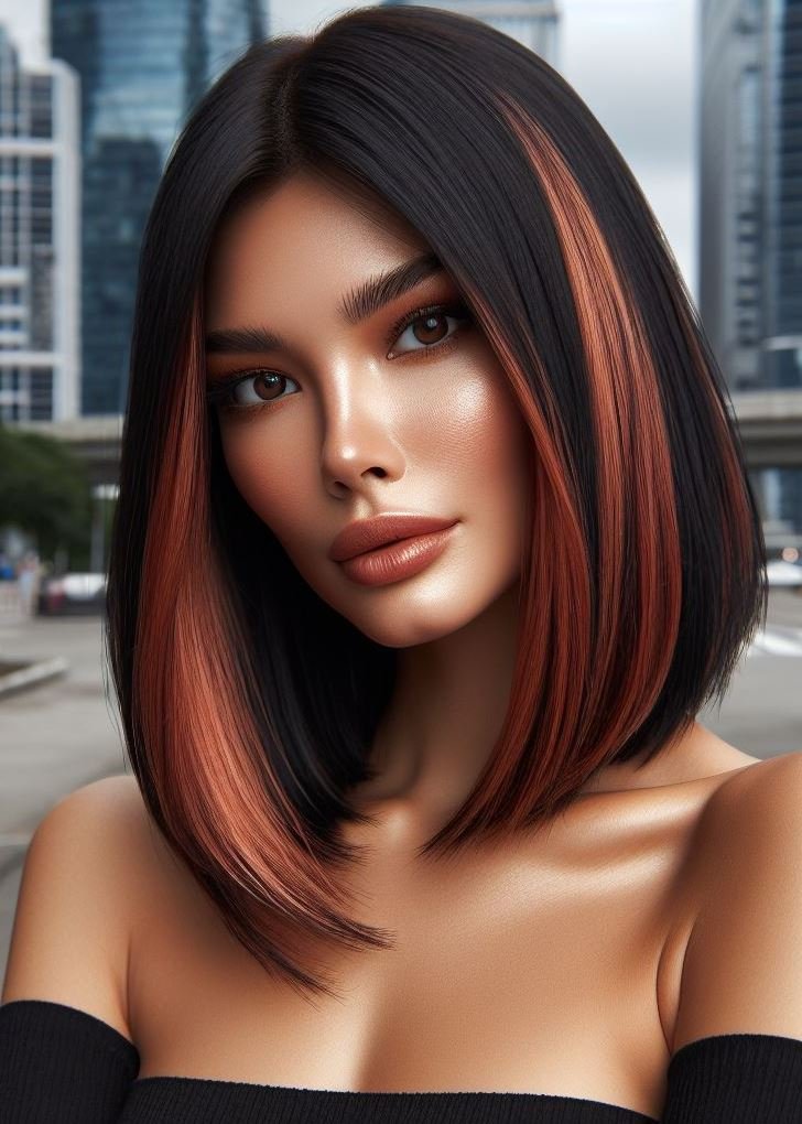 ✨Shine bright like copper! Sleek layers enhance the vibrancy of a fiery copper hue for a polished and eye-catching medium hairstyle. #pocoko #copperhighlights #mediumhair