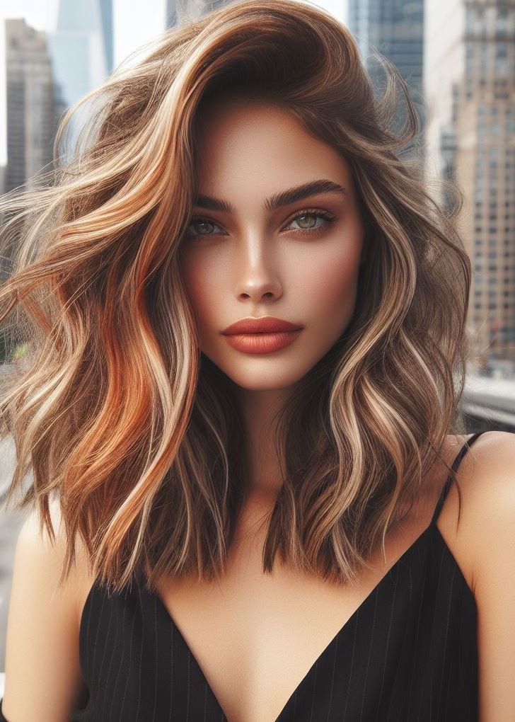 Embrace the golden hour! Sunset highlights add warmth and dimension to loose waves, creating a stunning summer style for medium hair. #pocoko #beachwaves #haircolor