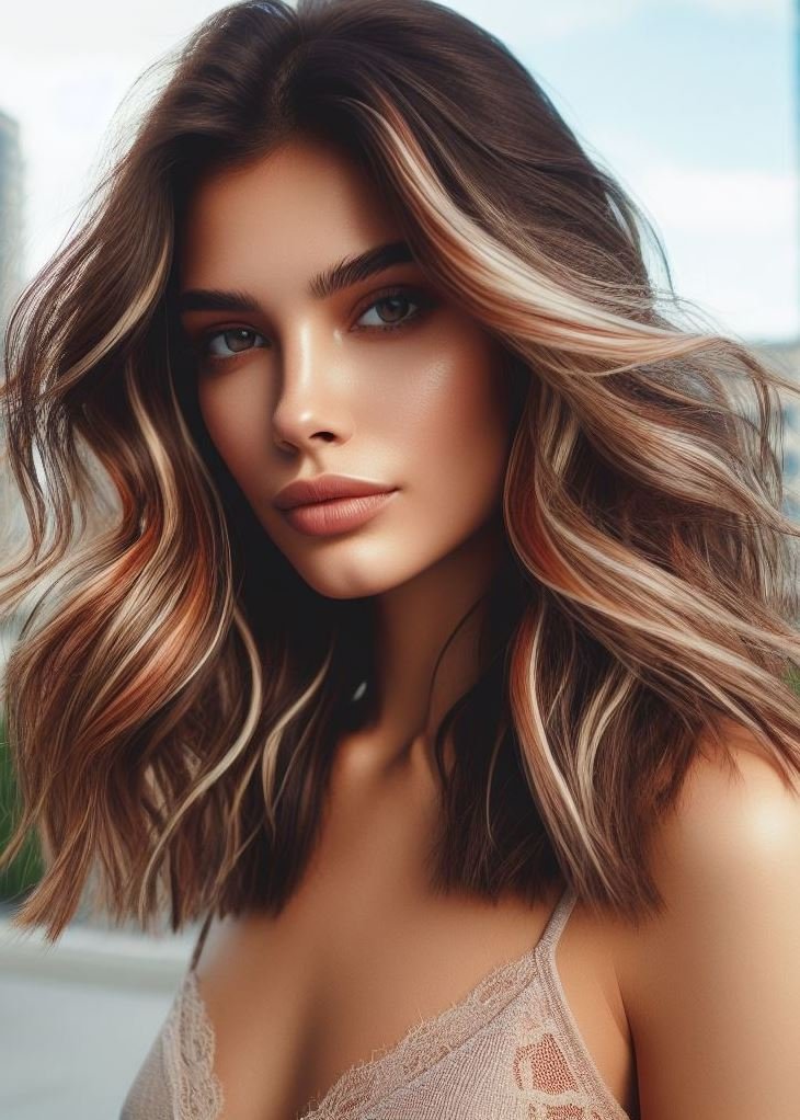Golden waves, golden locks! Loose waves cascade down medium hair, kissed by beautiful sunset highlights for a touch of summer magic. #pocoko #hairstyle #summerhair