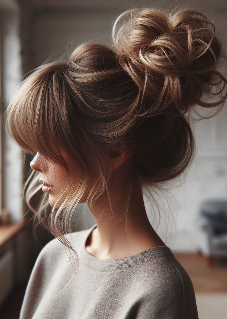 Elevate your look with Curtain Bangs styled in a chic Messy Bun Updo Hairstyle. This effortless and trendy hairstyle adds a touch of casual elegance to any outfit, perfect for both everyday wear and special occasions. Embrace modern sophistication with #CurtainBangs #MessyBun #Updo #POCOKO