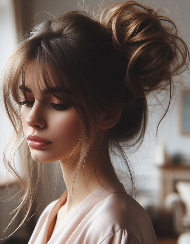 Upgrade your style with Curtain Bangs in a fashionable Messy Bun Updo Hairstyle. This effortlessly chic look adds a casual yet elegant touch to any attire, ideal for various occasions. Embrace contemporary sophistication with #CurtainBangs #MessyBun #Updo #POCOKO