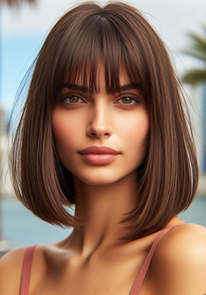 Discover chic sophistication with Curtain Bangs on a medium-length dark brown bob. Effortlessly sleek and versatile, perfect for a timeless yet modern look. #CurtainBangs #BobCut #DarkBrownHair #POCOKO
