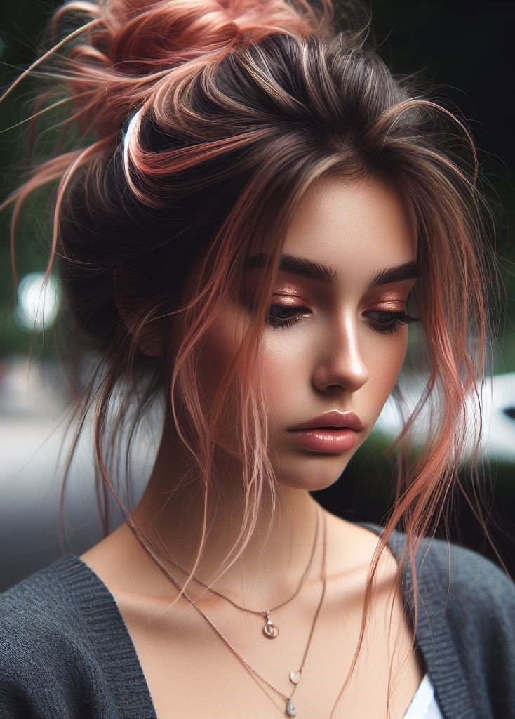 Pink Hairstyles: 22 Modern Inspirations For You To Be In Pink Paradise | Pocoko Effortless and chic! Pink Hairstyles. A messy bun with pink highlights is a perfect hairstyle for any occasion. #pinkhairstyle #pocoko #messybun