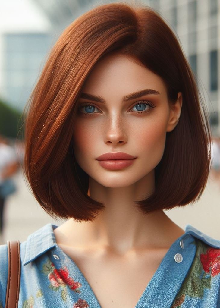 Go for a sleek and sophisticated look with medium hair, a blunt cut, and rich chocolate brown color. #mediumhairstyle #brunette #pocoko