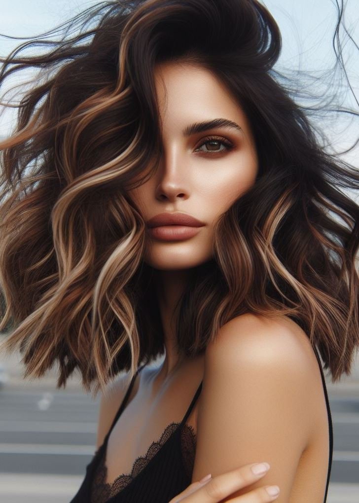 Tousled for a reason! Tousled curls with a sultry brunette shade add effortless volume and a touch of mystery to medium hair. #pocoko #brunettehighlights #hairstyle