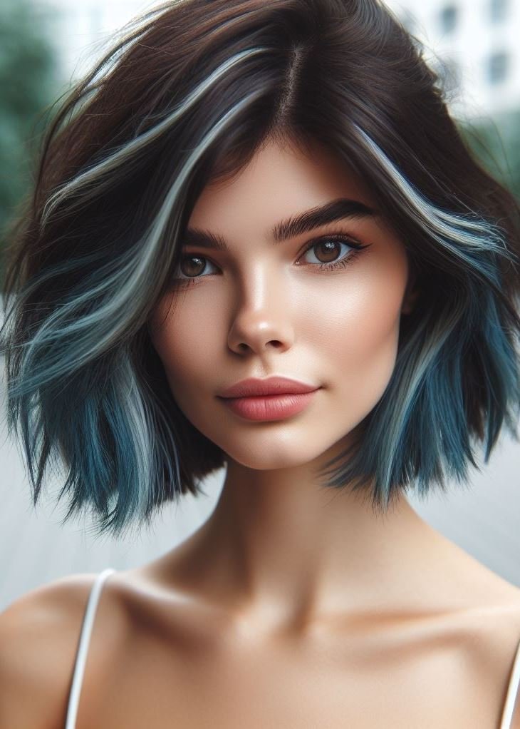 Dive into a bold new look! Choppy layers and ocean-inspired highlights (think teals, blues, and greens) add a touch of drama to medium hair. #mediumhairstyle #mermaidhair #pocoko