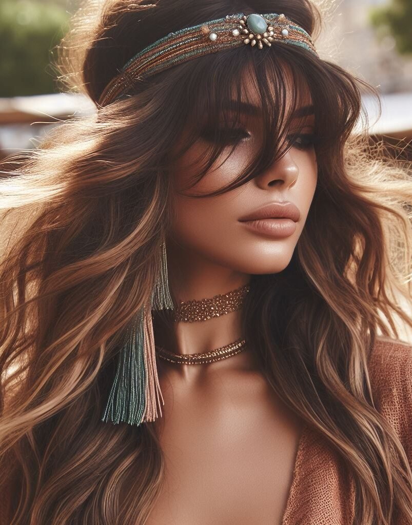 Dive into boho vibes with Curtain Bangs paired with a charming Headband and Loose Waves Hairstyle. This effortlessly chic look exudes a carefree and bohemian charm, perfect for embracing your free-spirited style. Embrace the bohemian aesthetic with #CurtainBangs #HeadbandHairstyle #LooseWaves #POCOKO