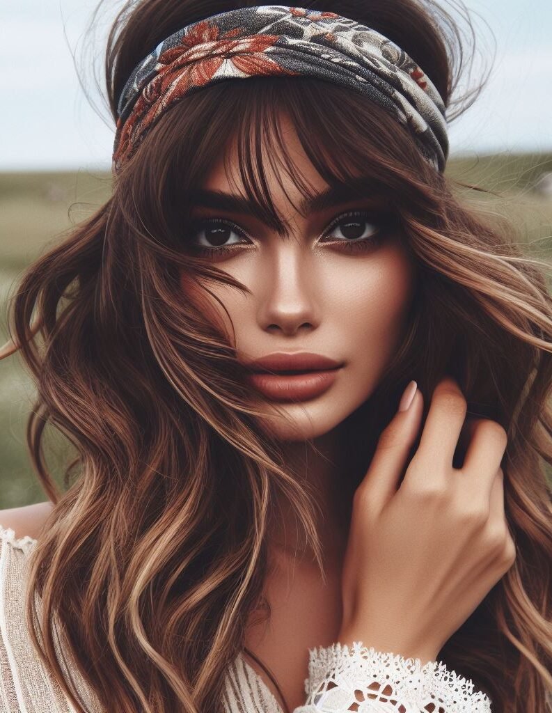 Embrace boho vibes with Curtain Bangs combined with a whimsical Headband and Loose Waves Hairstyle. This casually elegant look radiates a carefree, bohemian charm, perfect for embracing your free-spirited style. Embrace the bohemian aesthetic with #CurtainBangs #HeadbandHairstyle #LooseWaves #POCOKO