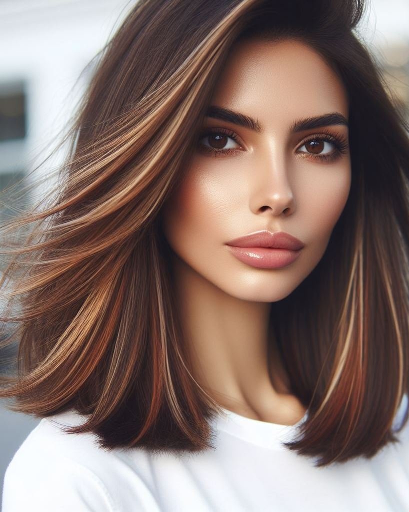 Classic beauty elevated! A polished blowout and subtle chestnut brown highlights add depth and dimension to medium hair for a touch of luxury. #mediumhairstyle #brunettehair #pocoko