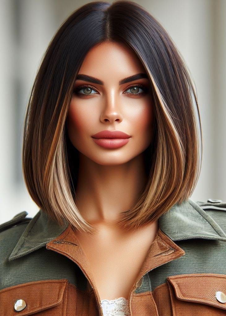 Modern and polished! A sleek lob haircut with subtle caramel balayage adds instant sophistication and warmth to medium hair. #mediumhairstyle #balayagehair #pocoko