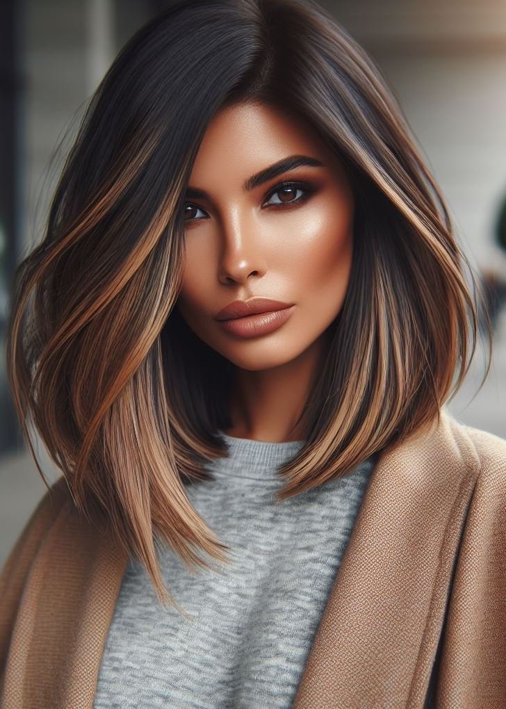 Effortless chic with a touch of sweetness! A sleek lob and blended caramel balayage highlights create a timeless and effortlessly stylish look for medium hair. #hairstyles #hairgoals #pocoko