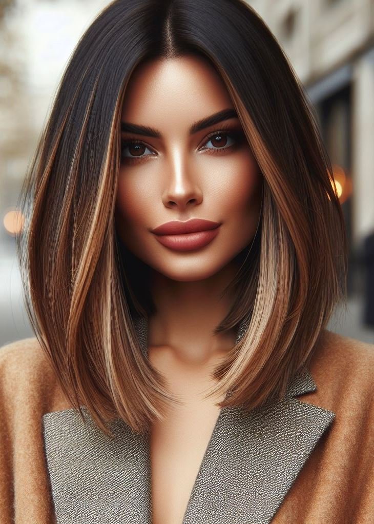 Sharp lines meet soft hues! The sleek lob haircut is perfectly complemented by a cascade of caramel balayage, adding dimension to medium hair. #mediumhairstyle #dimensionalhair #pocoko