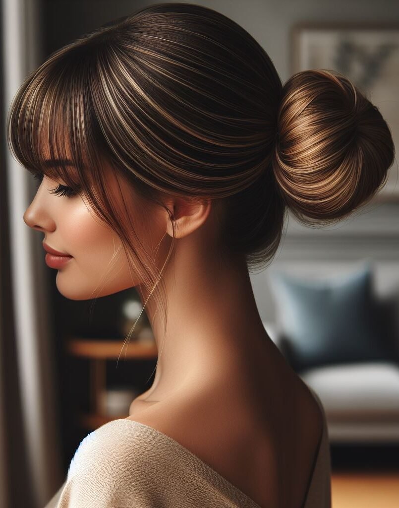 Elevate your style with Curtain Bangs framing a sleek bun adorned with blonde highlights. This sophisticated and chic hairstyle exudes elegance and versatility, perfect for both casual and formal occasions. Embrace the polished look with #CurtainBangs #SleekBun #BlondeHighlights #POCOKO