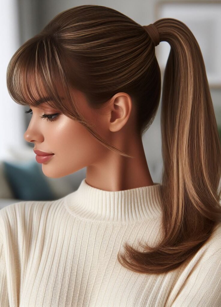 Elevate your style with Curtain Bangs framing a sleek ponytail. This chic and versatile hairstyle adds a touch of sophistication to any look, perfect for both casual and formal occasions. Embrace the sleek trend with #CurtainBangs #SleekPonytail #HairstyleInspiration #POCOKO