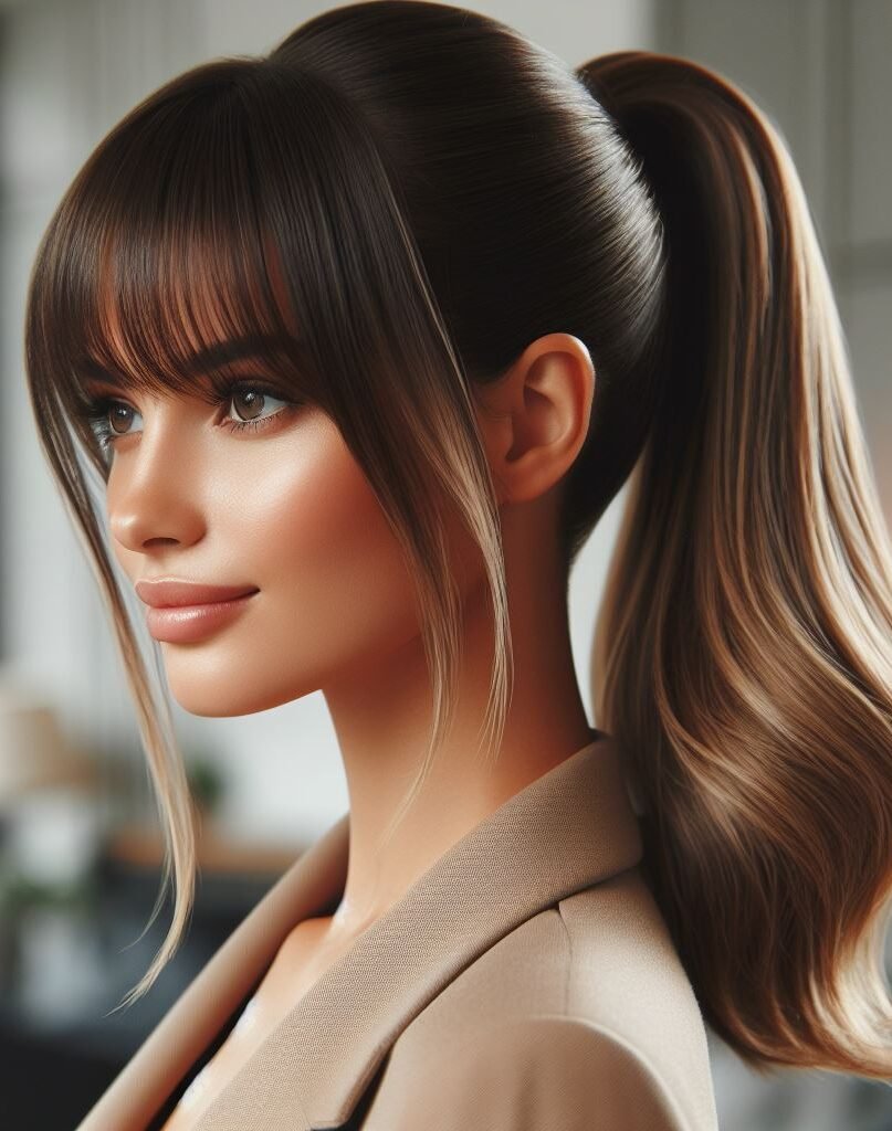 Upgrade your look with Curtain Bangs accentuating a sleek ponytail. This versatile and elegant hairstyle brings sophistication to any ensemble, suitable for various occasions. Embrace the sleek trend with #CurtainBangs #SleekPonytail #HairstyleInspiration #POCOKO