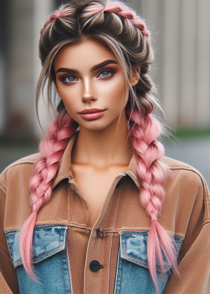Playful Dimension! Delicate braids interwoven with soft pink highlights create a textured and eye-catching hairstyle for medium hair. #hairstyles #hairinspiration #pocoko