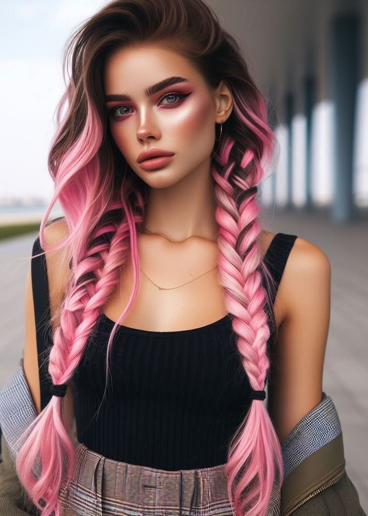 Bohemian Chic! Delicate braids paired with soft pink highlights create a carefree and romantic look for medium hair. #mediumhairstyle #festivalhair #pocoko