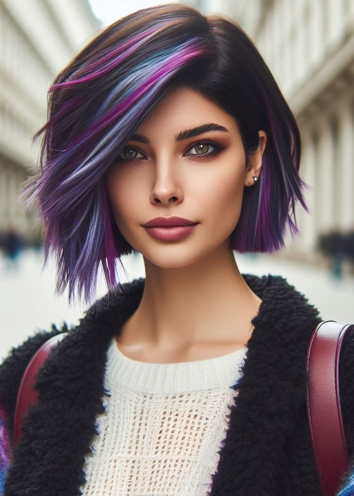 Texture meets pop of color! A textured bob is the perfect canvas for vibrant purple streaks, creating a unique and edgy style for medium hair. #mediumhairstyle #texturedhair #pocoko