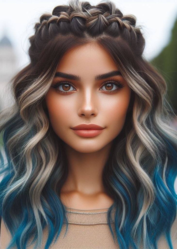 Stunning Crown Braids with Ombre Highlights: Unveiling a World of Color and Style | Pocoko Take your hairstyle to new heights with this stunning baby blue ombre and a delicate crown braid. #ombrehair #hairstyleinspiration #pocoko