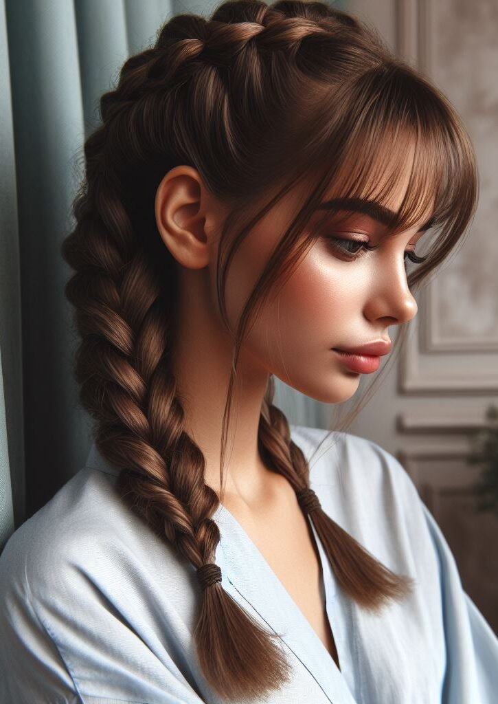 Elevate your look with Curtain Bangs styled in Dutch Braids. This trendy and versatile hairstyle adds a touch of charm and elegance to any ensemble, perfect for both casual outings and special occasions. Embrace the braided trend with #CurtainBangs #DutchBraids #HairstyleInspiration #POCOKO
