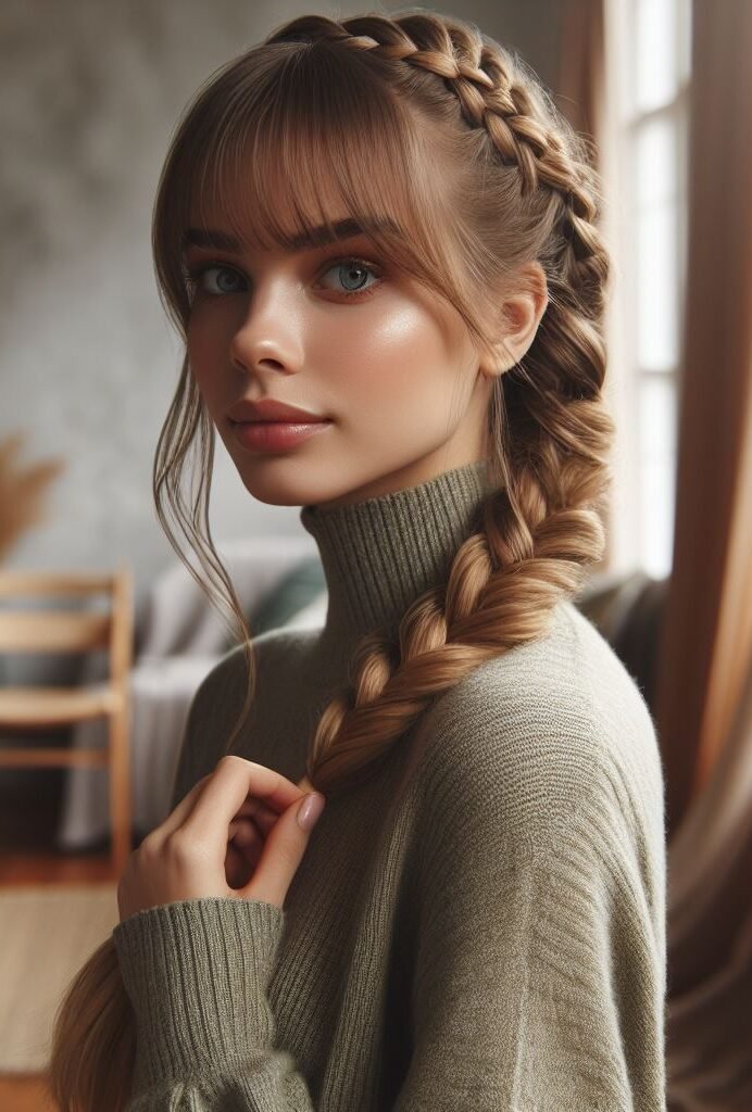 Enhance your style with Curtain Bangs adorned in Dutch Braids. This chic and adaptable hairstyle brings charm and elegance to any look, suitable for various occasions. Embrace the braided trend with #CurtainBangs #DutchBraids #HairstyleInspiration #POCOKO
