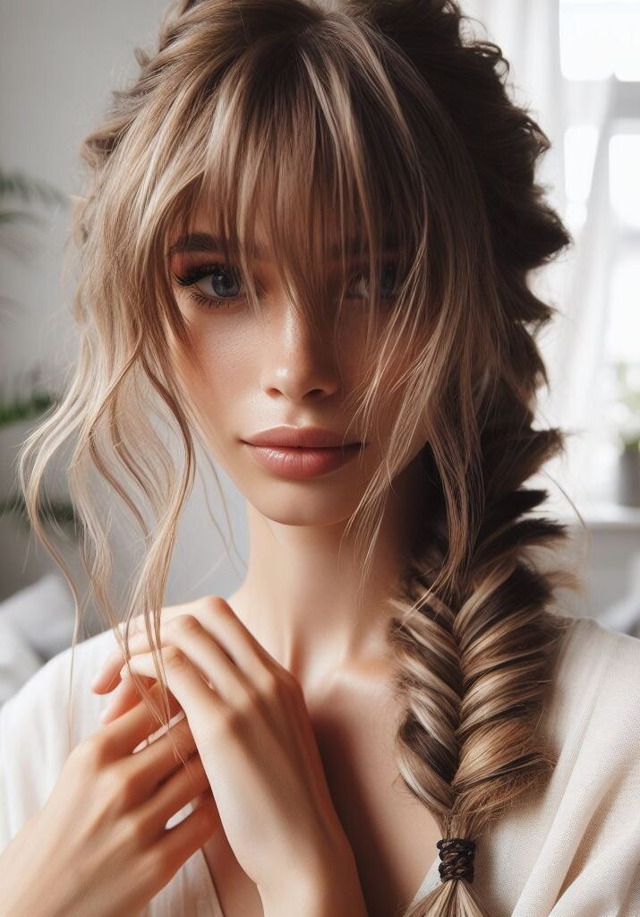 Elevate your look with Curtain Bangs adorned in fishtail braids. This trendy and stylish hairstyle adds a touch of elegance and sophistication to any ensemble, perfect for both casual outings and special occasions. Embrace the braided trend with #CurtainBangs #FishtailBraids #HairstyleInspiration #POCOKO
