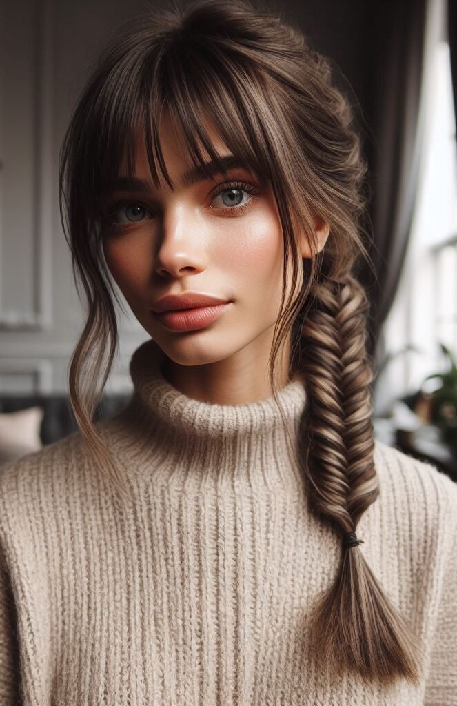 Enhance your style with Curtain Bangs styled in fishtail braids. This chic and versatile hairstyle brings elegance and sophistication to any look, suitable for various occasions. Embrace the braided trend with #CurtainBangs #FishtailBraids #HairstyleInspiration #POCOKO