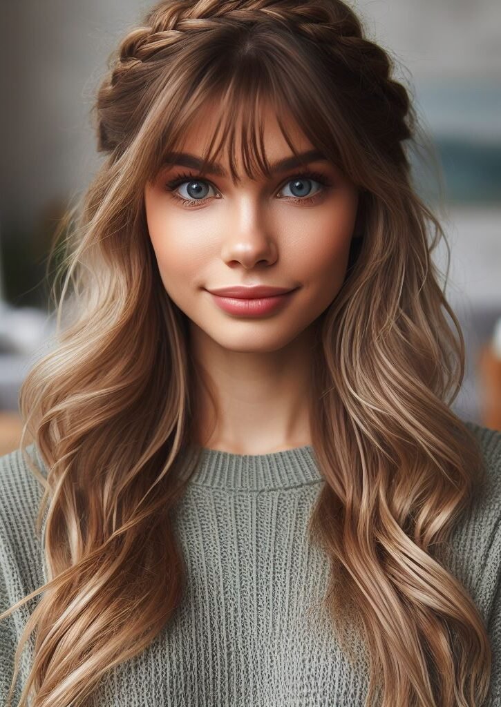 Level up your curtain bangs! This playful half-up style features a delicate braid woven through the bangs, creating a romantic and carefree vibe. #pocoko #curtainbangs #halfuphairstyles #braidedhairstyle