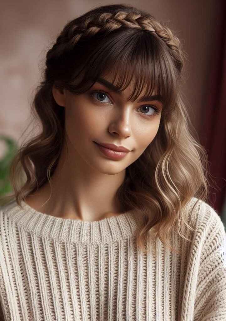 This chic hairstyle combines trendy curtain bangs with a whimsical braided headband. The braid seamlessly weaves along the hairline, framing the face and adding a touch of bohemian flair. #pocoko #curtainbangs #braidedheadband