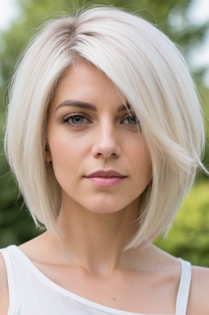 The Bold Trendsetter Medium Hair with a Dramatic Asymmetrical Cut and Platinum Blonde Color