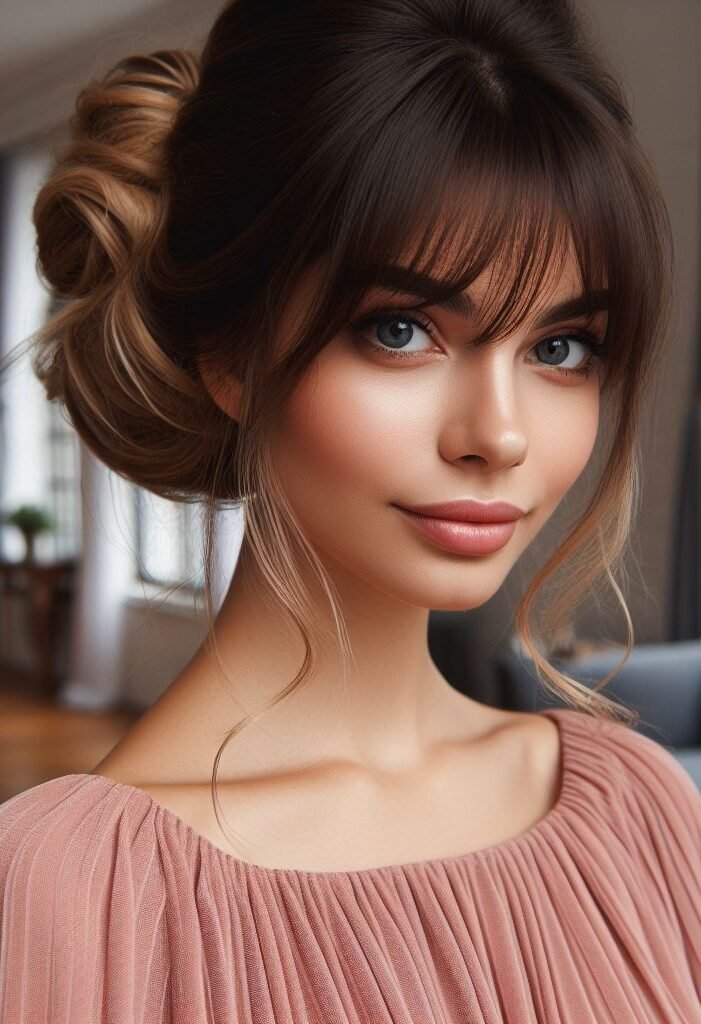 This sophisticated hairstyle combines chic curtain bangs with a classic chignon updo. The bangs effortlessly frame the face, while the chignon adds a touch of elegance and keeps hair neatly secured. Perfect for a polished look! #pocoko #curtainbangs #chignon