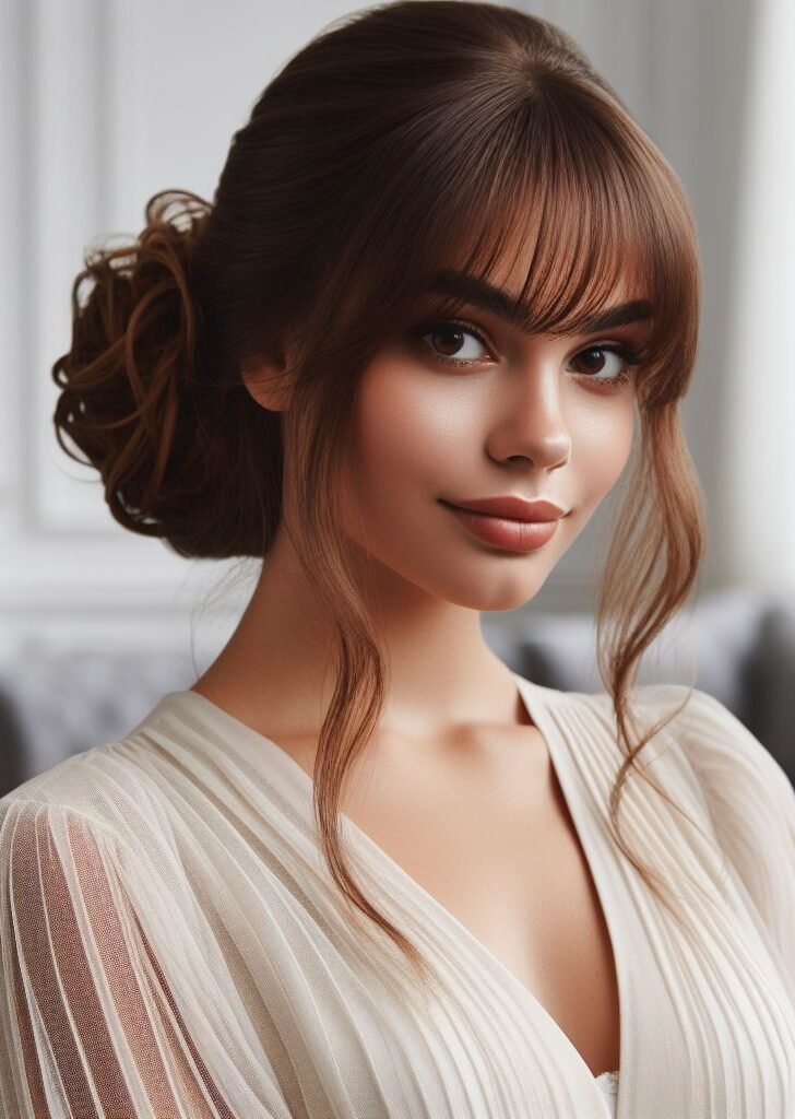 Curtain bangs meet classy chignon! This updo is all about effortless elegance. The face-framing bangs add a touch of fun, while the chignon keeps things neat and chic. Perfect for a day out or a night on the town! #pocoko #curtainbangs #chignonupdo
