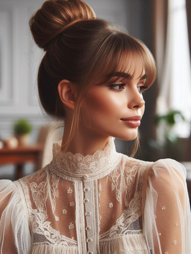 This fun and functional hairstyle combines trendy curtain bangs with a casual sock bun. The bangs effortlessly frame the face, while the sock bun creates a relaxed and stylish updo. Perfect for an everyday look or a day out! #pocoko #curtainbangs #sockbun