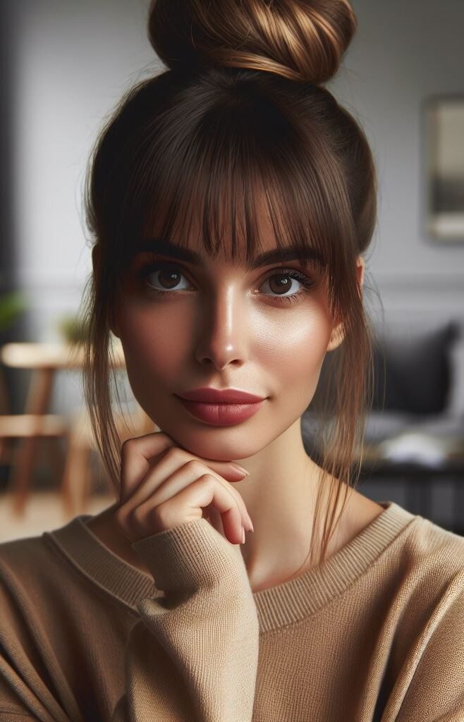 Effortless chic meets playful texture! Curtain bangs add a touch of cool, framing the face perfectly. The messy sock bun keeps hair out of your face with a relaxed vibe. Perfect for weekend vibes or a quick hairstyle on the go! #pocoko #curtainbangs #sockbunhair #easyhairstyles