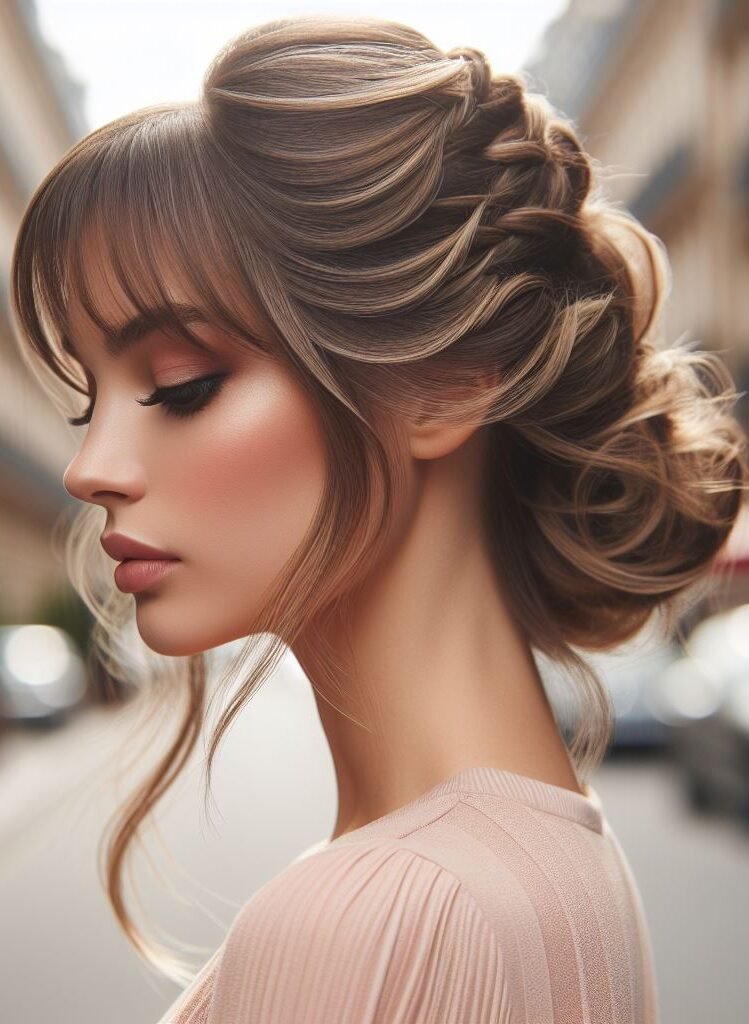 Effortless French vibes! Wispy curtain bangs add a touch of softness, while a chic French twist creates a romantic updo. Perfect for a date night or adding a touch of elegance to your everyday look. #pocoko #curtainbangs #frenchtwistupdo #romantichairstyles