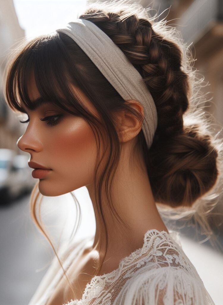 This ultra-feminine style combines trendy curtain bangs with a sophisticated headband and braided updo. The wispy bangs frame the face for a touch of softness, while the headband adds a touch of detail. The braided updo keeps hair neatly secured and adds a touch of elegance. Perfect for a special occasion or a dressed-up everyday look! #pocoko #curtainbangs #braidedupdo #headbandhair