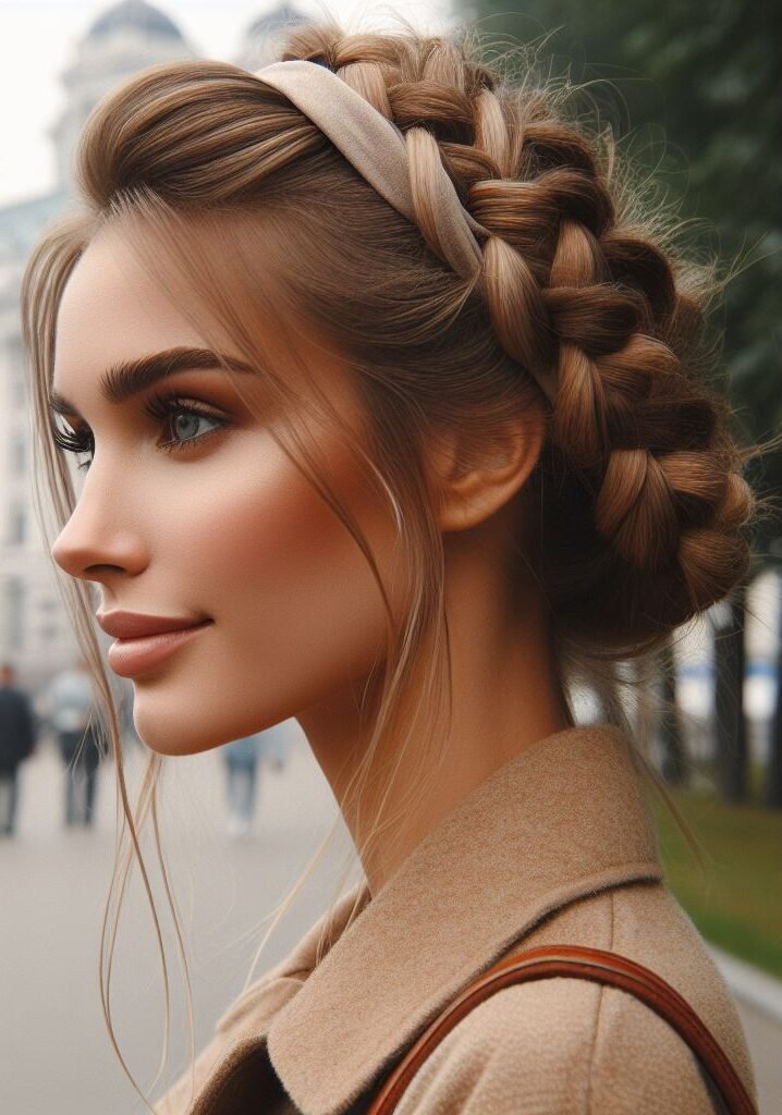 Double the charm with this whimsical updo! Curtain bangs add a touch of fun, while a braided crown and headband create a boho-chic masterpiece. Perfect for a carefree day out or adding a touch of magic to your everyday style! #pocoko #curtainbangs #braidedcrown #headbandhairstyle