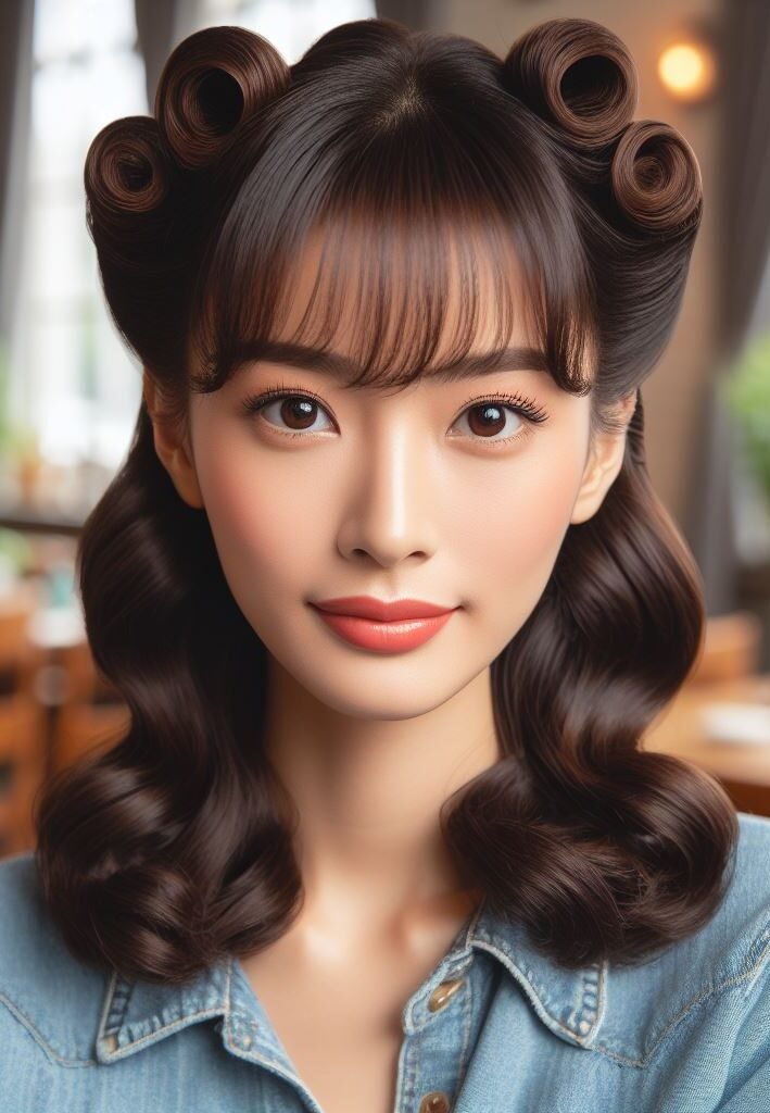 Vintage vibes meet modern cool! This hairstyle features playful victory rolls adding a touch of retro glam, while the curtain bangs effortlessly frame the face. Perfect for a night out with a twist, or embracing your inner vintage goddess! #pocoko #curtainbangs #victoryrolls #retrohairstyles