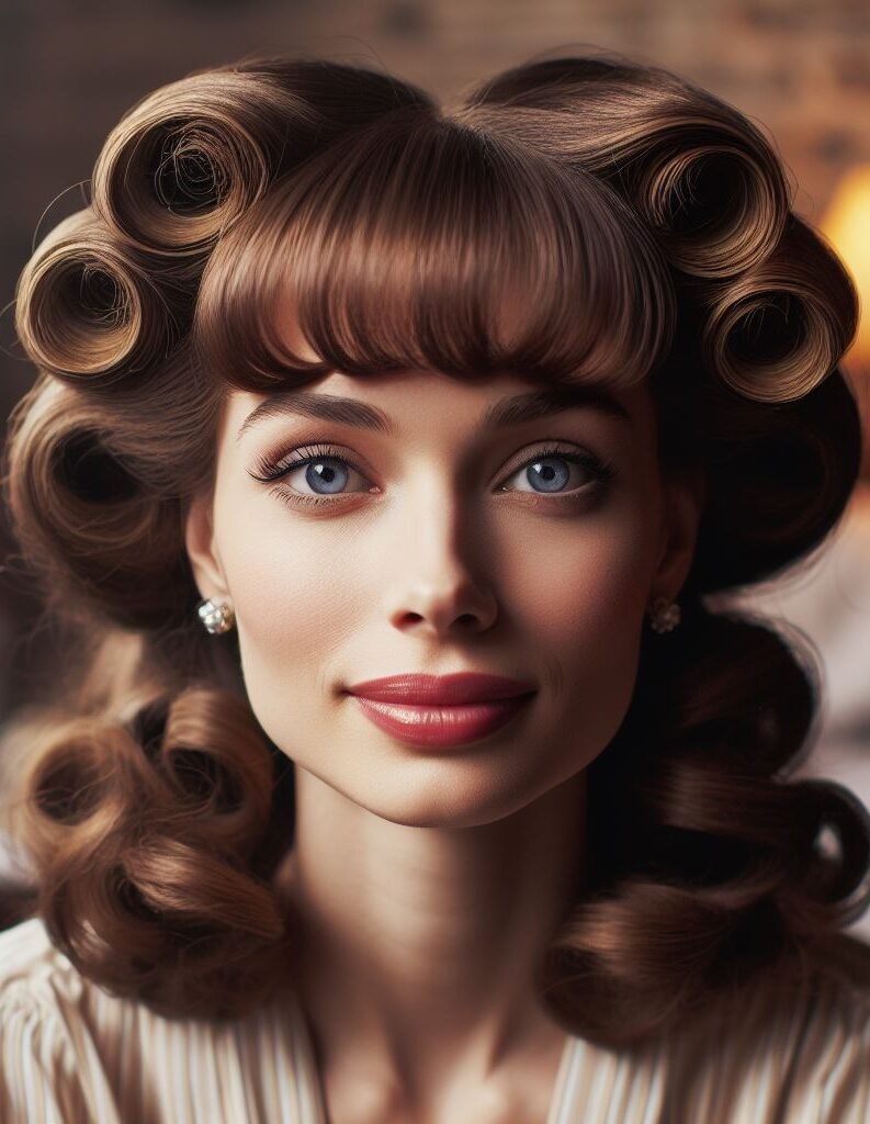 Channel your inner pin-up girl! This hairstyle combines sassy victory rolls with effortlessly cool curtain bangs. It's the perfect mix of vintage glam and modern edge. #pocoko #curtainbangs #victoryrolls #vintagehairstylewithatwist