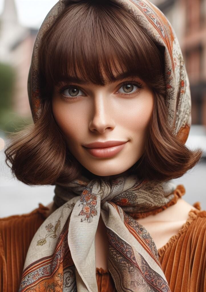 Effortless chic with a touch of vintage flair! This look combines trendy curtain bangs with a stylish headscarf. The headscarf adds a pop of color and pattern, while the bangs frame the face for a perfectly balanced look. #pocoko #curtainbangs #headscarfstyles #hairstyleswithscarf